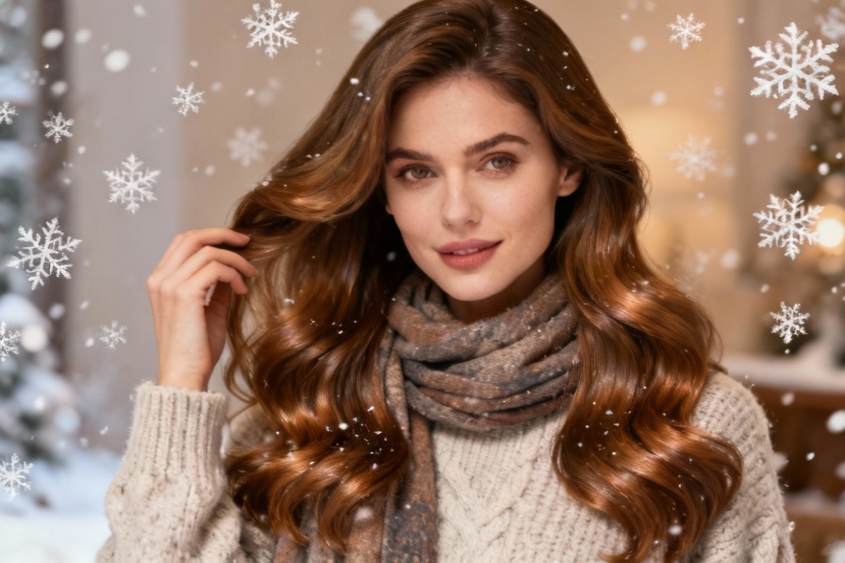 Woman with healthy, shiny hair in winter setting - winter hair care tips Waterloo